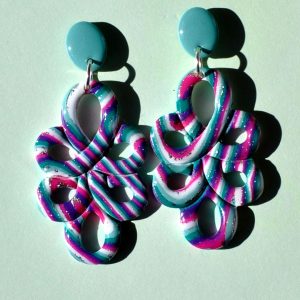 Paire de boucles d'oreilles en deux parties: une puce ovale unie vert vague marine surmonte un "mandala" ajouré au motif "à la dérive des astres".