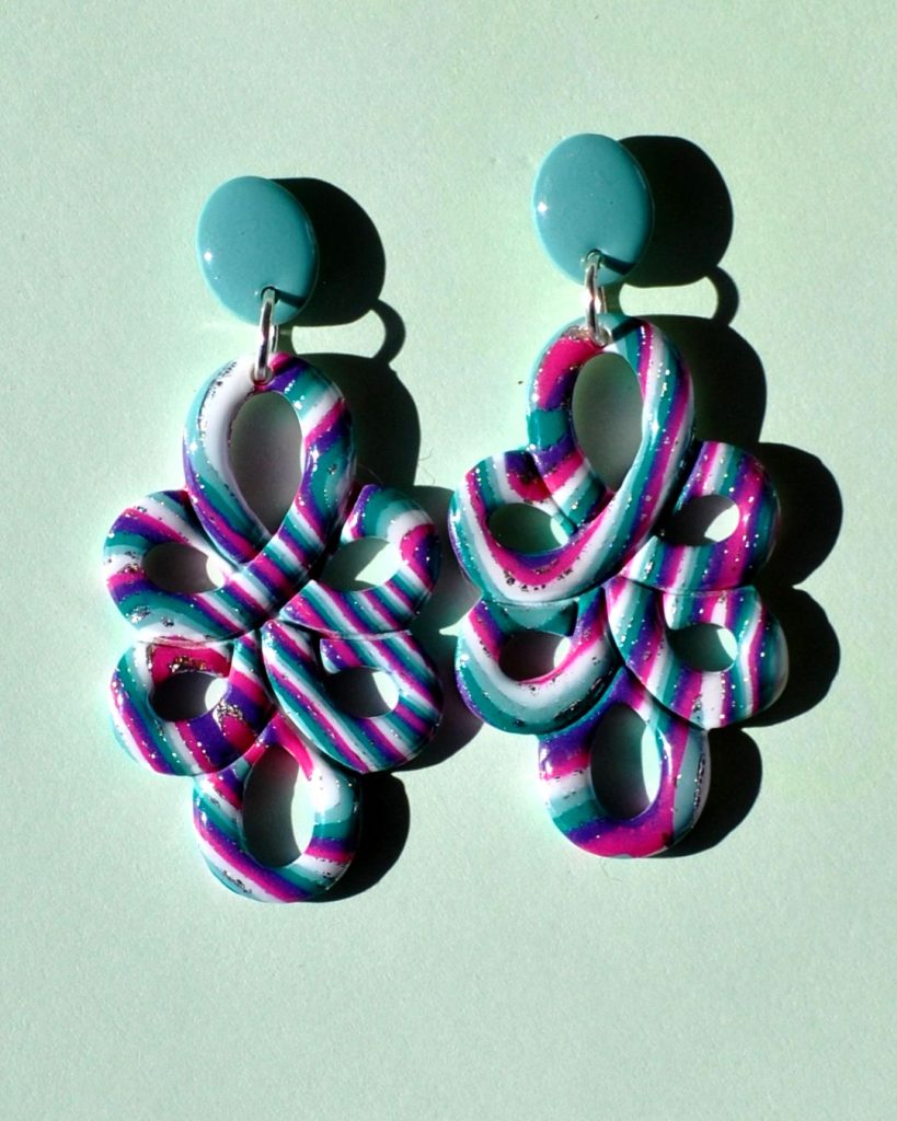 Paire de boucles d'oreilles en deux parties: une puce ovale unie vert vague marine surmonte un "mandala" ajouré au motif "à la dérive des astres".